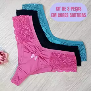 Kit de 3 Calcinhas Fio Duplo Microfibra e Renda 3K436