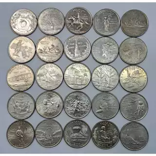 Moedas Quarter Dólar, EUA, 1999-2003, Estados Americanos, circuladas, mas em bom estado de conservação, 24,26mm