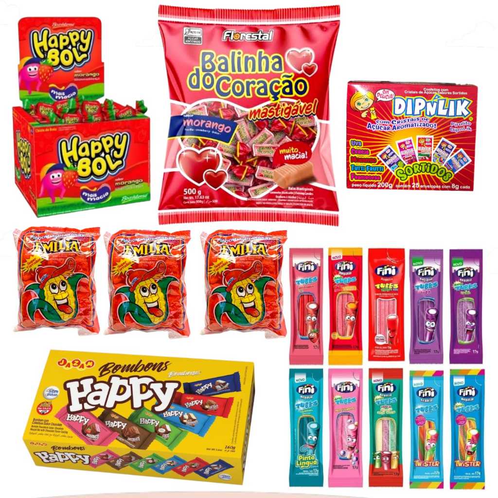 Kit Sacolinha Surpresa Doces de Festa infantil Para Aniversario 223 Itens Fini Pipoca Balas Chicletes Bombom Pirulito