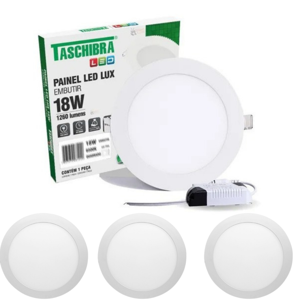Kit 3 Painel Plafon Led Redondo Embutir Lux 18w 6500k 4000k 3000k Taschibra