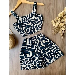 Conjunto Feminino Verão Alcinha Estampado Cropped E Short