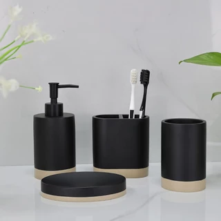Kit Acessórios de Banheiro 4 Peças Resina - Dispensador Sabonete, Porta-Escovas, Saboneteira e Copo