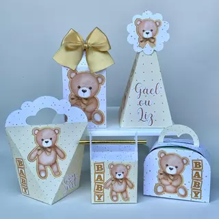 Kit Caixas Personalizadas Chá Revelação Dourado / Cor Neutra - PEGUE E MONTE (Envie Nome e Idade no Chat) festa infantil / festa / festa adulto / chá de bebê / kit festa / lembrancinhas / personalizados / caixinhas personalizadas / fraldas / mimos
