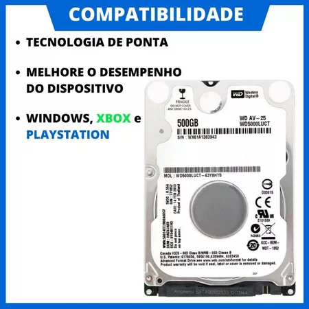 HD 500GB Slim 2.5 Notebook Xbox PS3 PS4 Disco Rígido Interno SATA com NF e Garantia