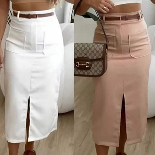 Saia Midi Alfaiataria Com Cinto Bolso Frontal Moda evangélica festa