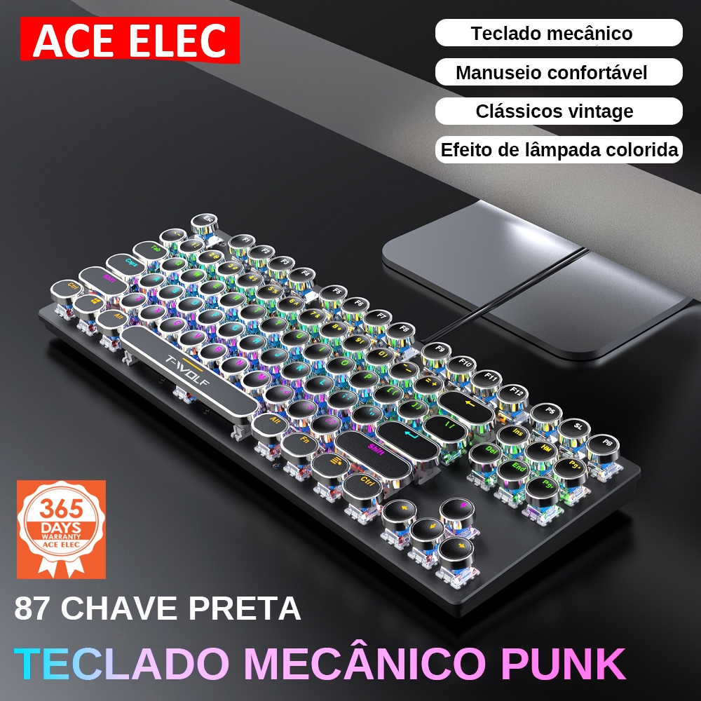 Teclado mecânico T75 Punk, 9 efeitos de iluminação, anti-ghosting, resistência a respingos