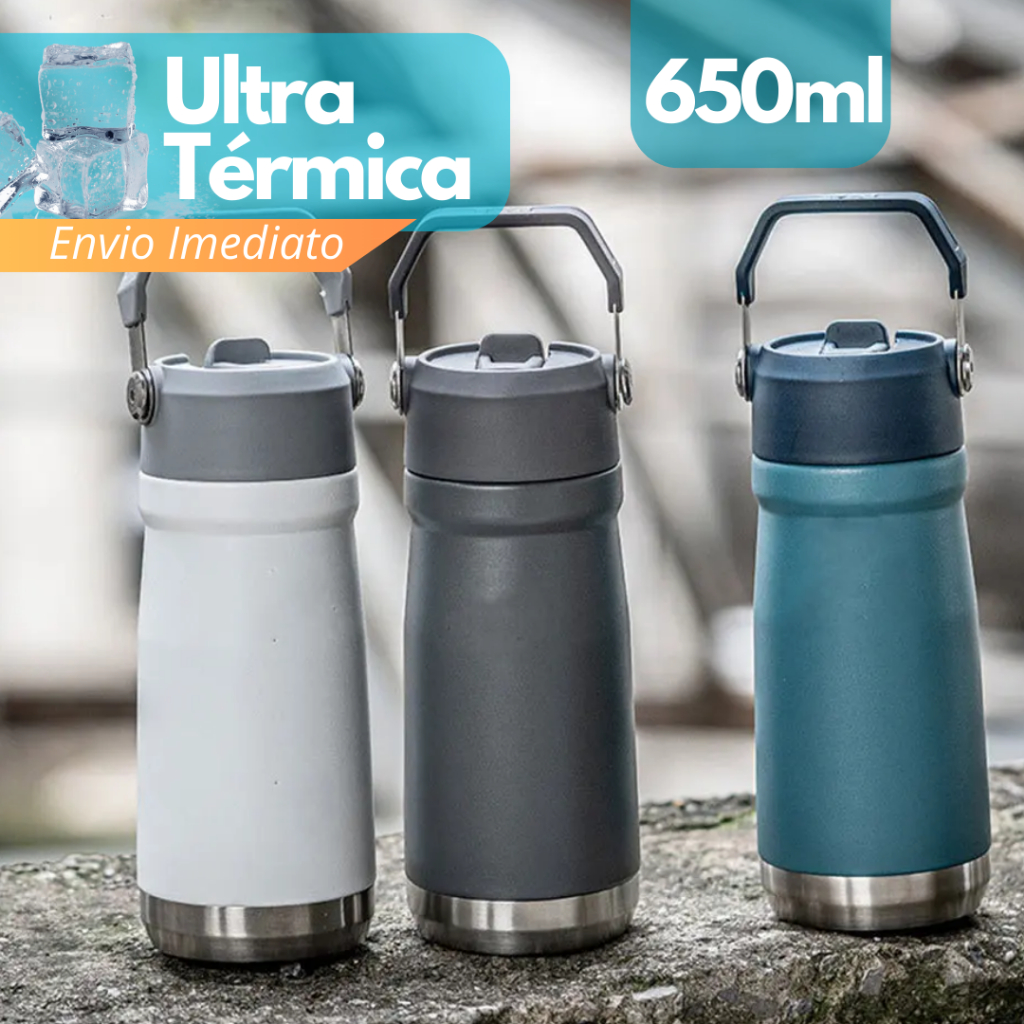Garrafa Térmica Flip Straw com Alça 650ml Camada dupla Aço Inoxidável ...