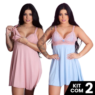Kit 2 Camisola De Amamentação Vestido De Dormir Com Renda Pós Parto Prática Para Mães Que Amamentam Moda Maternal