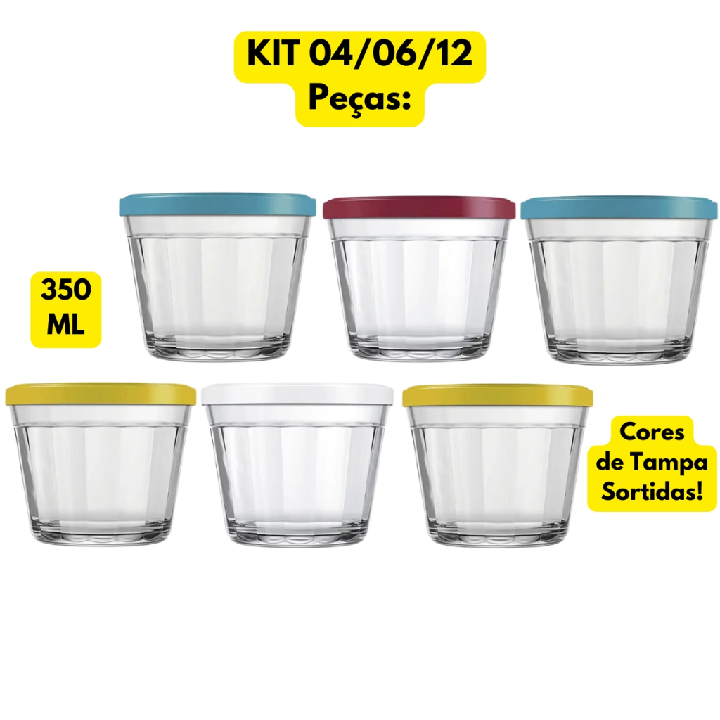 Jogo Kit 04/06/12 Tigelas Vidro Transparente C/Tampa Americana 350ML Duralex Armazenar Porções Molho