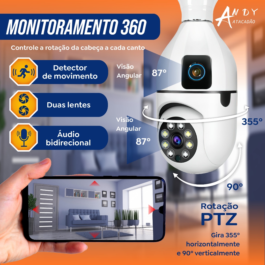 Camera Lâmpada Dupla Lente Wifi Ip Segurança Panorâmica Giratória 360 ...