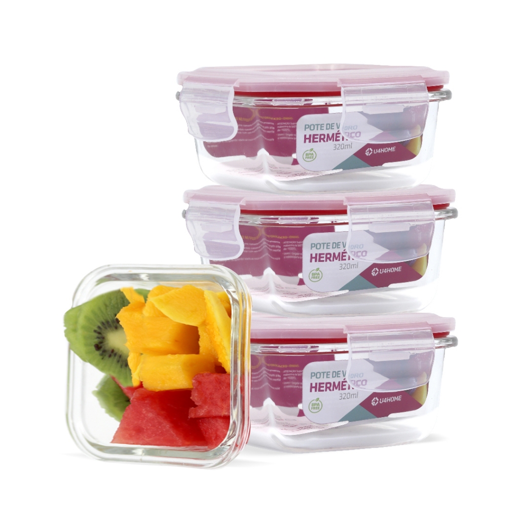 Conjunto 4 Pote Vidro Hermético Marmita Tampa Plástico 320ml
