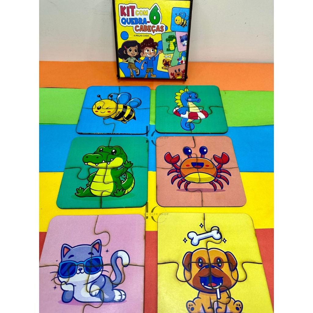 Kit 6 Jogos Quebra Cabeça Animais Infantil em madeira Mdf 4 peças cada ...