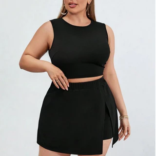 Conjunto Feminino Blusa Cropped Com Short Saia Plus Size - Conjuntinho Plus Curve