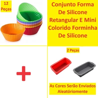 OFERTA Conjunto 2Uns Forma De Retangular E 12Uns Mini Colorido Forminha Silicone Para Pão Cupcakes Bolo em Oferta na Shopee