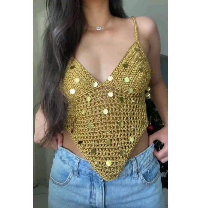 Cropped de crochê feminino dourado com paetês | Shopee Brasil
