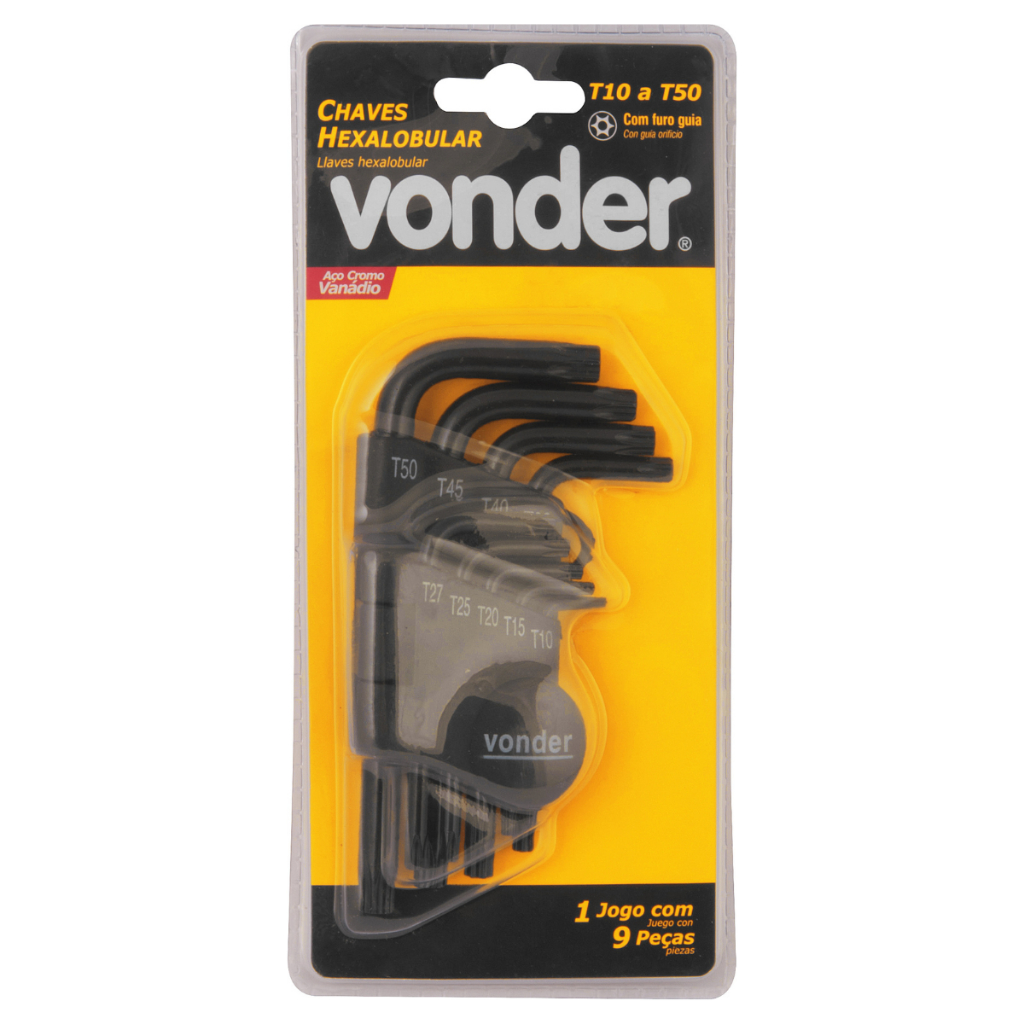 Jogo de Chaves Hexalobular Torx 9 peças T10 a T50 Vonder