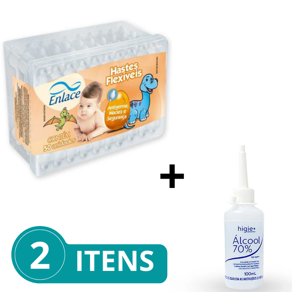 Kit Primeiros Cuidados Recém Nascido Hastes Flexíveis RN/Alcool 70%Higie+