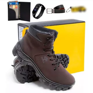 Bota Botina Masculina Adventure De Trilha com Couro Reforçado e Solado Costurado Impermeável + Cinto Carteira Chaveiro e Relogio