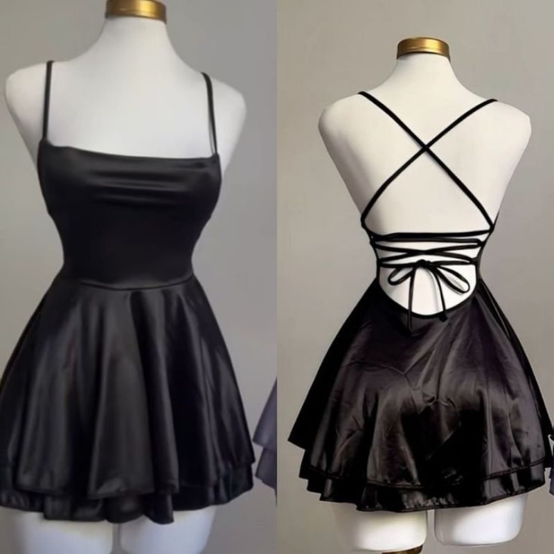 vestido curto de cetim rodado com amarrações nas costas |4 opções de cores