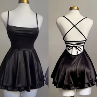 vestido curto de cetim rodado com amarrações nas costas |4 opções de cores