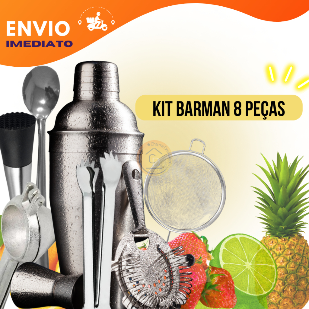 Kit Barman 8 Peças Coqueteleira Dosador Colher de Bar Coador e Pegador ...