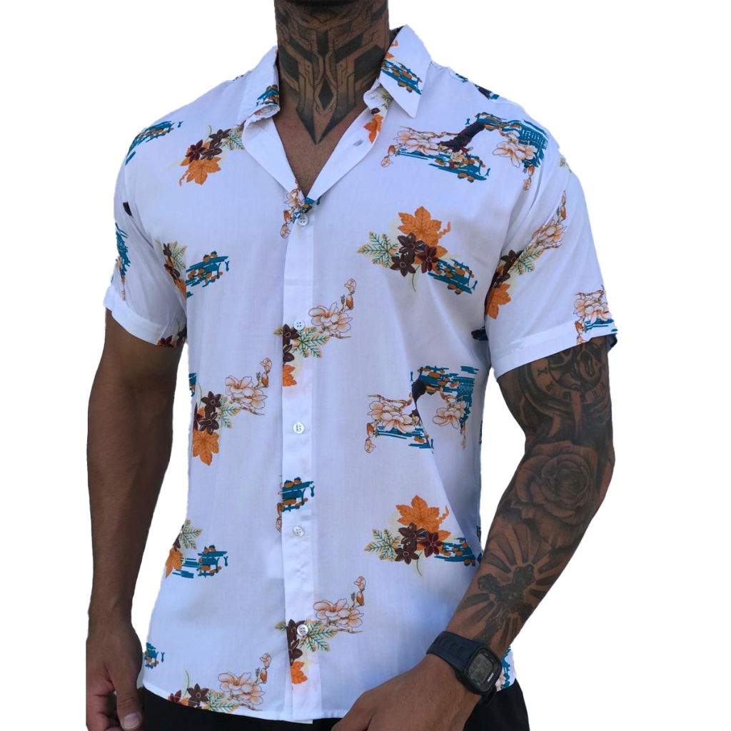 Camisa Social Masculina Manga Curta Florida Verão Slim Fit | Shopee Brasil