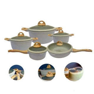 Conjunto de Panelas de Granito com Revestimento Cerâmico – 5 Peças Antiaderentes para Indução e Gás, com Alças de Madeira