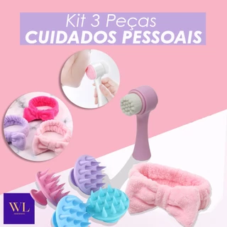 Kit 3 Peças de Cuidados Pessoais Com Escova de Limpeza Facial + Escova de Massagem Capilar e Faixa de Cabelo em Toalha