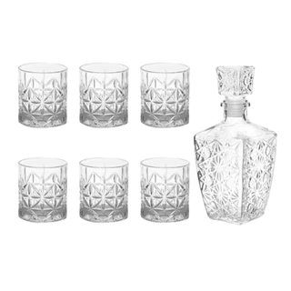 Conjunto 6 Copos Whisky + Garrafa De Vidro Classico Uisque Drink Licor Mimo Style