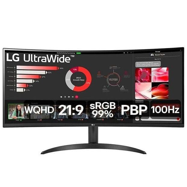 Monitor LG UltraWide Curvo Tela VA de 34” WQHD 3440 x 1440 21:9 sRGB 99% HDR10 PBP 100Hz AMD FreeSync 34WR50QC-B