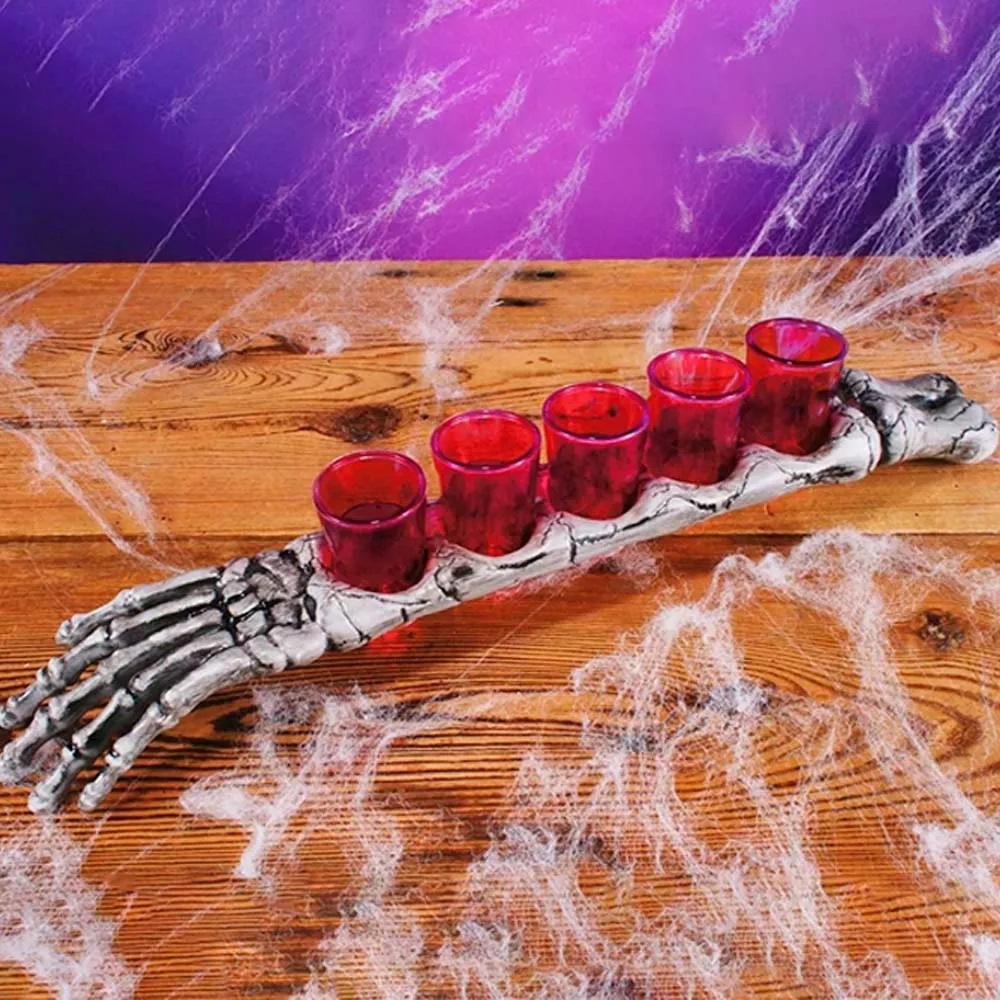 Braço Esqueleto Suporte Drink Para 5 Copos Shot De Halloween