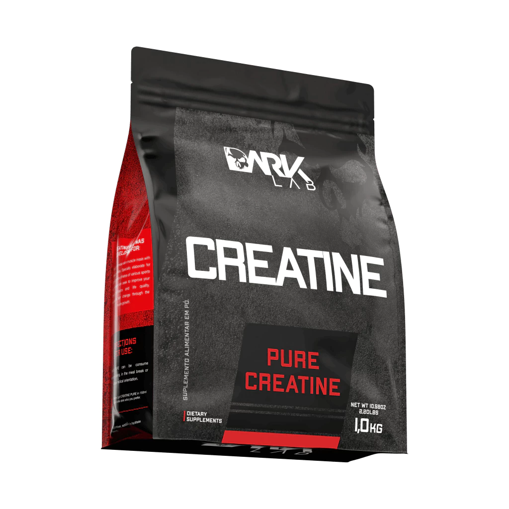 Embalagem pouch de 1kg de Creatina Monohidratada Pura da marca Dark Lab nas cores preto e vermelho.