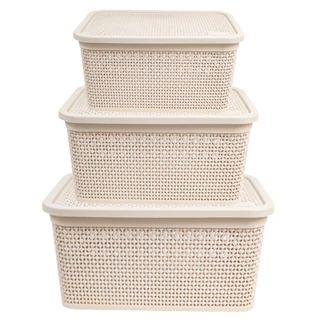 Kit 3 Caixas Organizadoras 15 Litros + 7,5 Litros + 4 Litros, Rattan Cesto Organizador com Tampa