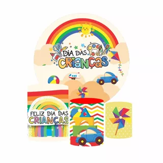 Kit Painel de Festa Redondo 1,50 + Trio de Capas Cilindro Tema Dia das Crianças