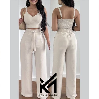 Conjunto Duna Bege Areia: Cropped Elegante e Calça Pantalona para um Look Sofisticado e Atual