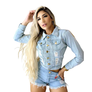 Jaqueta Jeans Feminino Manga Longa Estilo Patricinha da Moda