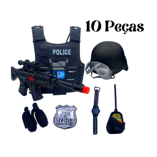 Kit policial infantil 10 peças e acessórios fantasia faz de conta