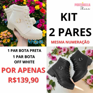kit 2 pares Bota feminina tendência 2024 outono inverno cano curto - COTURNO FEMININO PRETO - OFF WHITE