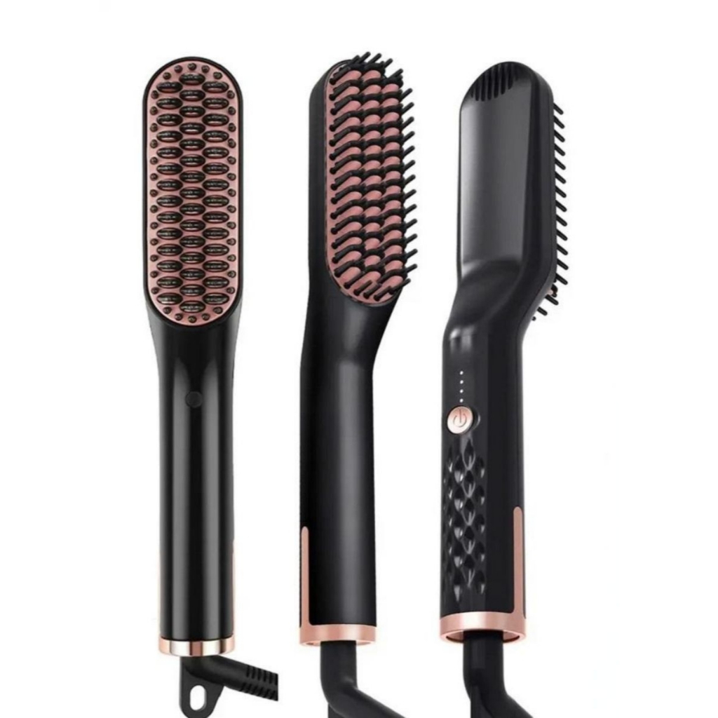 Escova De Alisamento Barba e Cabelo Bivolt Elétrica Profissional Estilo 2 Em 1 Rapidamente Cabo Giratório 360°
