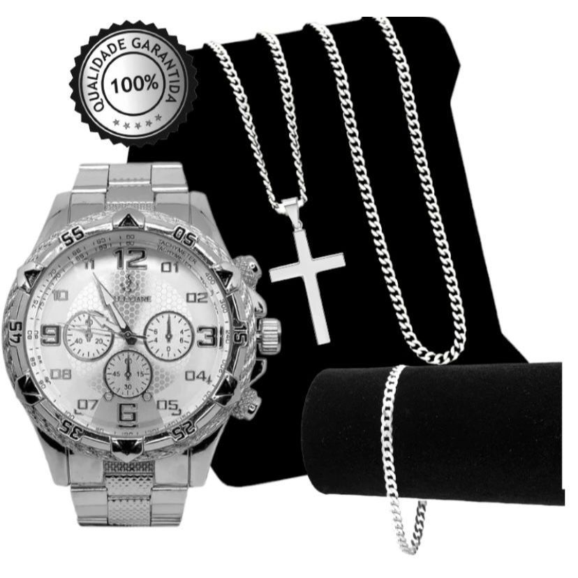 Conjunto Relógio + Corrente Pingente Cruz E Pulseira Masculino Aço Inox PrateadoConjunto Relógio Top
