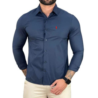 Camisa Social Manga Longa Grife R L Masculina Slim Fit Básica