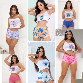 KIT Com 2 Pijama Verão Baby Doll Stitch Personagens Cropped Virginia Luxo Feminino Ondinha Alcinha