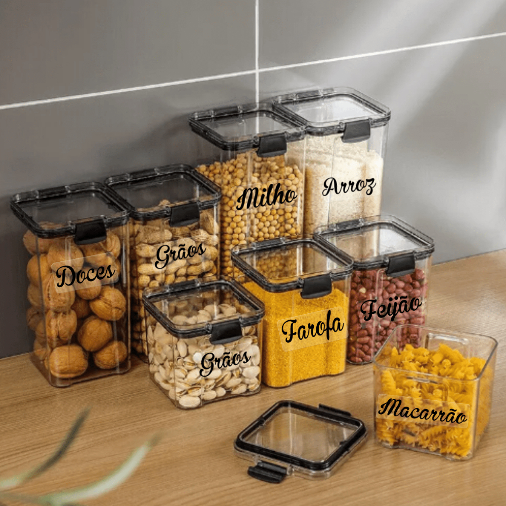 Kit 8 Potes Hermético para Arroz Feijão Cereais Farinha Tampa com Trava +  Etiquetas Transparente