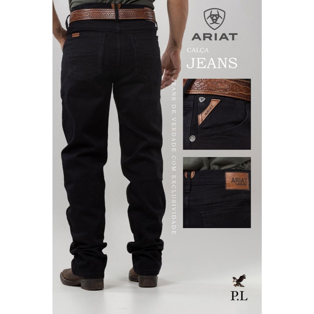 calça country masculina cut ariat preta jeans grosso