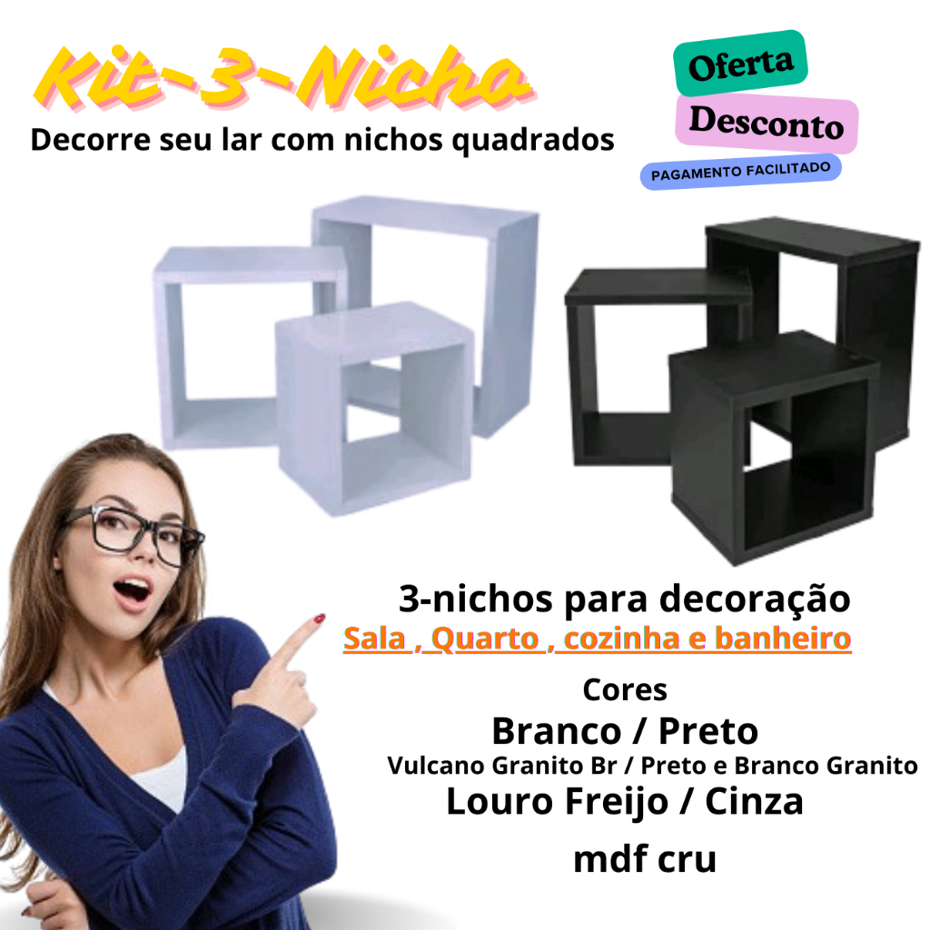 kit 3 Nicho Promoção Nichos para decoração Quarto Sala e Diveros Branco Preto Madeirado