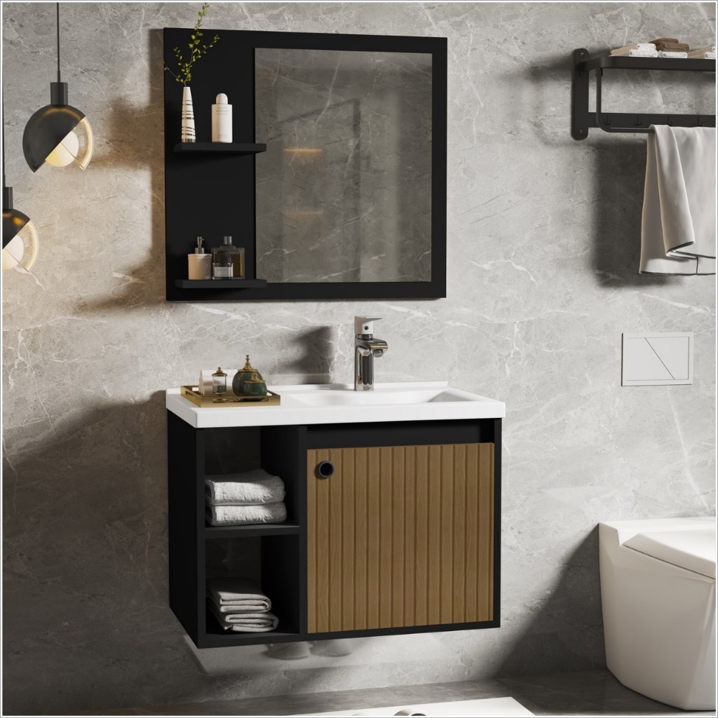 CONJUNTO GABINETE COM ESPELHEIRA E CUBA PARA BANHEIRO 60CM ADONIS - VARIAS CORES - MDF/MDP/MARMORE SINTETICO