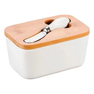 Manteigueira Em Porcelana Com Tampa de Bambu Porta Margarina com Espátula