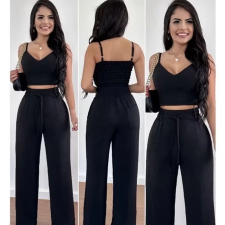 Conjunto Feminino Duna Pantalona e Cropped com Bojo Alça Regulável Alfaiataria Elegante