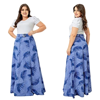 Saia Moda Evangélica Longa Social Estampada Com Cinto Darlee