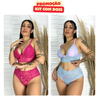 Kit 2 Conjunto lingerie Feminino de Renda Calcinha e Sutiã Sem Bojo Bicolor Sensual